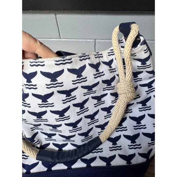 Tory Burch Navy Whale Print Canvas Hobo Shoulder Bag Rope Handle Summer Nautical - Picture 6 of 9